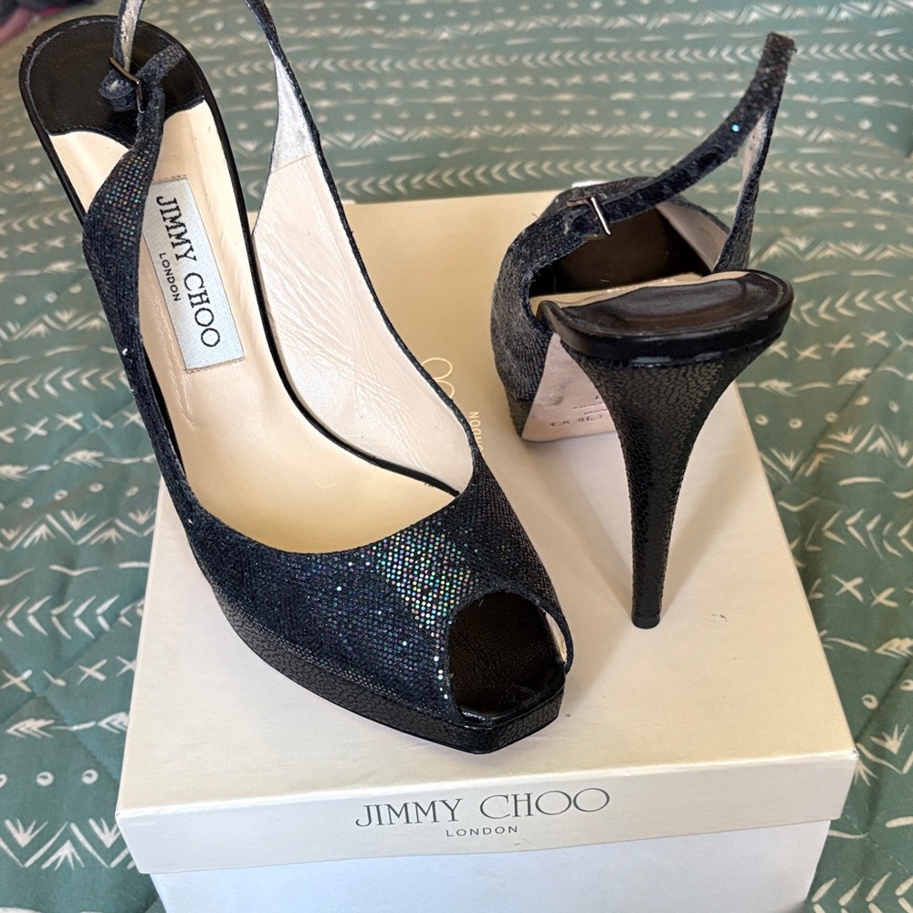 Jimmy Choo Sexy Glitter Black Peep Toe Stilletos size 41